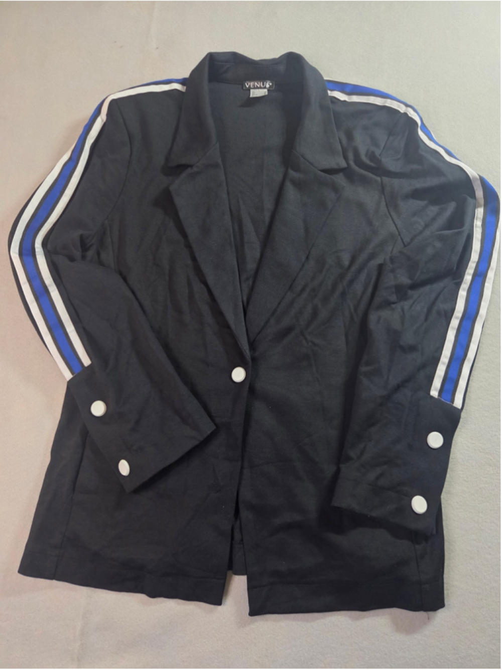 Women's Venus Black Blazer Jacket Size 14 with Blue and White Stripe Detail